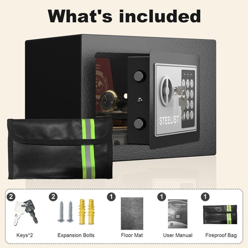 STEELIST Small Safes with Fireproof Bag, 0.23 Cubic Fireproof Safe for Home, Safety Box with Key, Black Digital Security Safes, Fire Proof Safe for Jewelry, Cash, Personal Box for Hotel, Busines