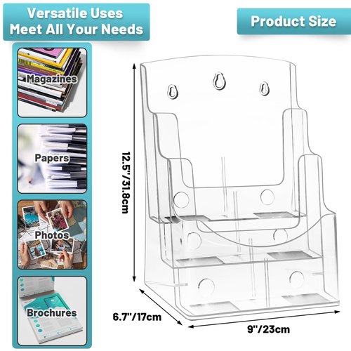 Viymgit Acrylic Brochure Holder 8.5 x 11 inches, 3 Tier Clear Plastic Flyer Holder Display Stand, Wall Mount/Countertop Literature Organizer for Documents, Pamphlets, Booklets, and Menu
