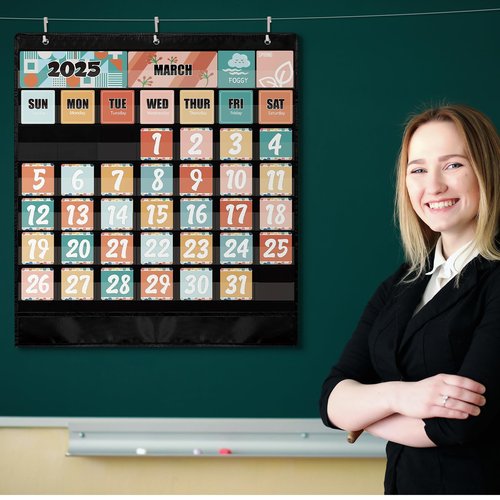 Classroom Calendar Pocket Chart – Boho Retro Groovy Bulletin Board Set with 103 Cards for Preschool, School Schedule, Teacher Must Haves, Kids Class Decor, Back to School