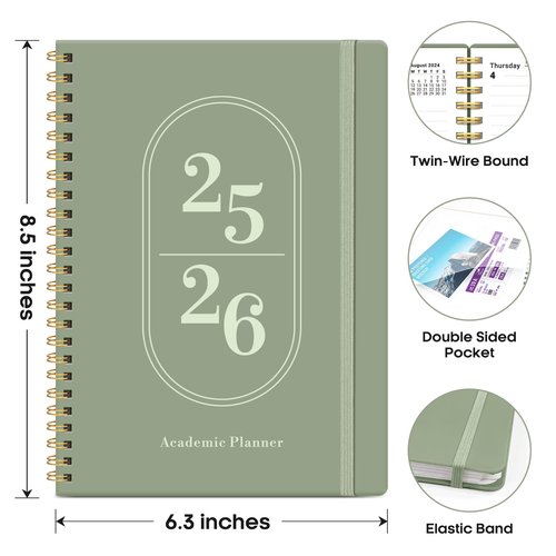 Planner 2025-2026, Academic Year Weekly and Monthly Calender Planner, July 2025 - June 2026, Spiral Bound School Planning Tool, Perfect for Teacher, Student, Women & Men - A5 (6.3" x 8.5"), Green