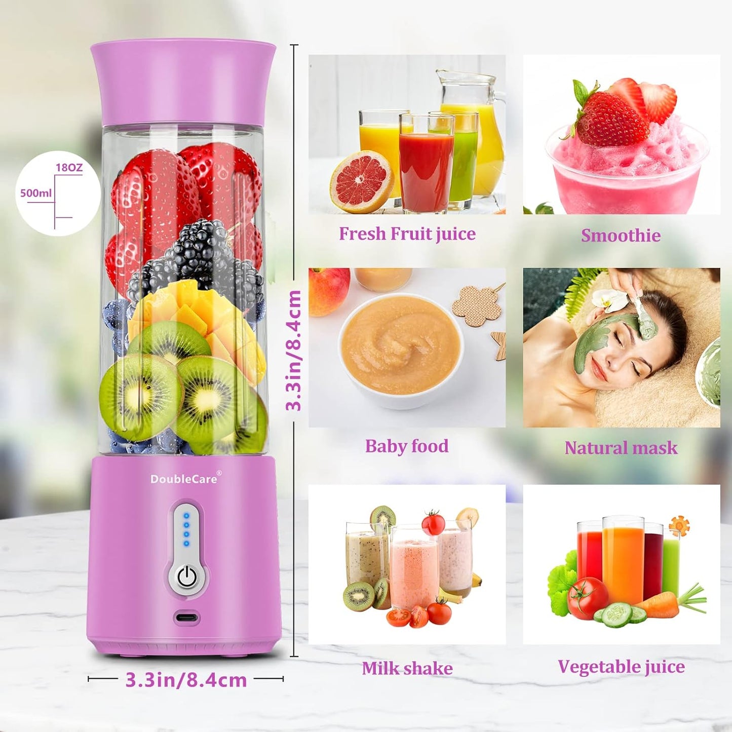 Skiennix Portable Blender - 500ml Electric Juicer for Smoothies & Shakes | USB Rechargeable, BPA-Free, Pink Purple