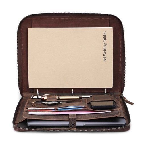 Premium Leather Portfolio Organizer with Zipper - Brown Business Padfolio with Card Slot, Document Holder, Pen Loops | Leather Padfolio with 3 Rings Binder Legal Pad Holder Podfolio for Men & Women