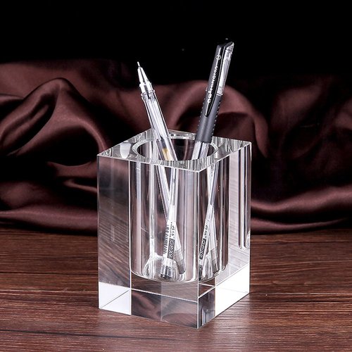 Coideal Glass Crystal Pen Pencil Cup Holder Square Clear Small Desk Table Organizer for Office School, Teacher and Student