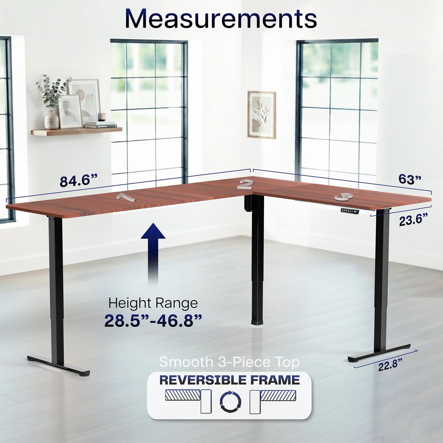 VIVO Corner Standing Desk, 84 x 63 inch Reversible L-Shaped Workstation, Electric Height Adjustment, Home, Office, and Reception Rooms, Dark Walnut Table Top Black Frame, DESK-E3CTBD-84