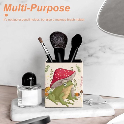 Niapessel Pencil Holder for Desk, Funny Frog with Mushrooms Pen Holder Storage Desktop Pen Organizer Desk Pencil Organizer Makeup Brush Holder for Office School College Leather