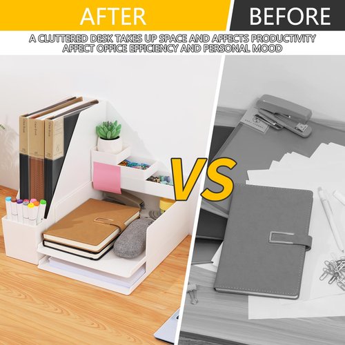 Idealiveny Stackable-File-Organizers for Office Supply Organizers with 2-Tier Paper Letter Tray Plastic File Holder Document Organizers Pen Holder and Drawer Bins for Office Desktop Organizer