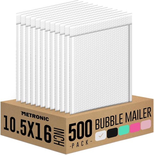 Metronic Large Bubble Mailers - 10.5x16" Padded Envelopes with Strong Adhesion | 500 Pack for Shipping Books & Clothes