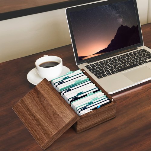 MaxGear Business Card Holder for Desk, 2.2" x 3.5" Walnut Wood Business Card Organizer, Index Cards Box Holds 300 Cards, 3 Divider Boards Includes A-Z Tabs, Desktop Organizers for Office & Home