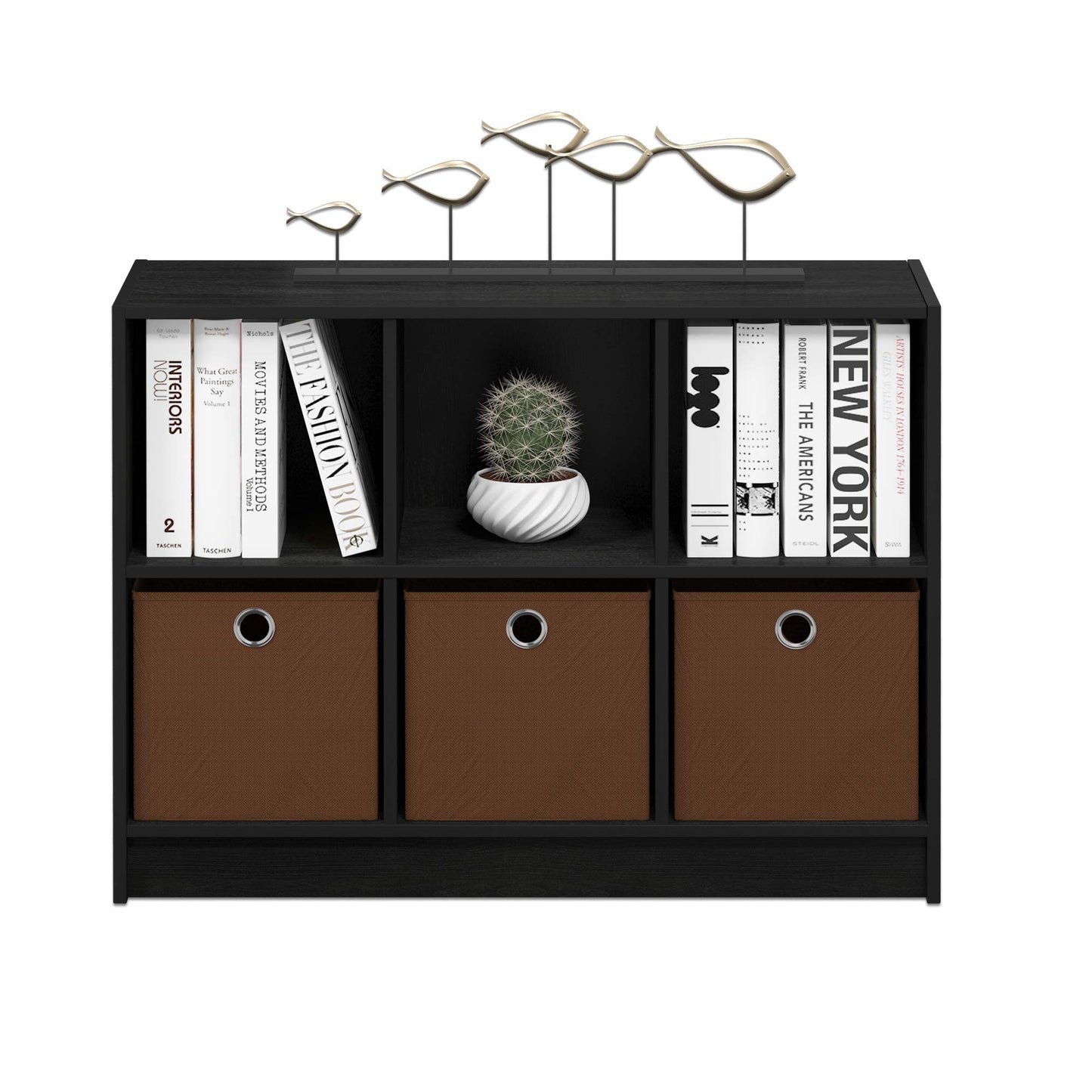 Furinno BASIC Book Shelf, 6-Cube Bookshelf with Open Shelf, 3 x 2 Bookcase with Storage Bins, Closed Back, Horizontal, 11.9 x 31.6 x 23.6, for Living Room, Bedroom, Home Office, Americano
