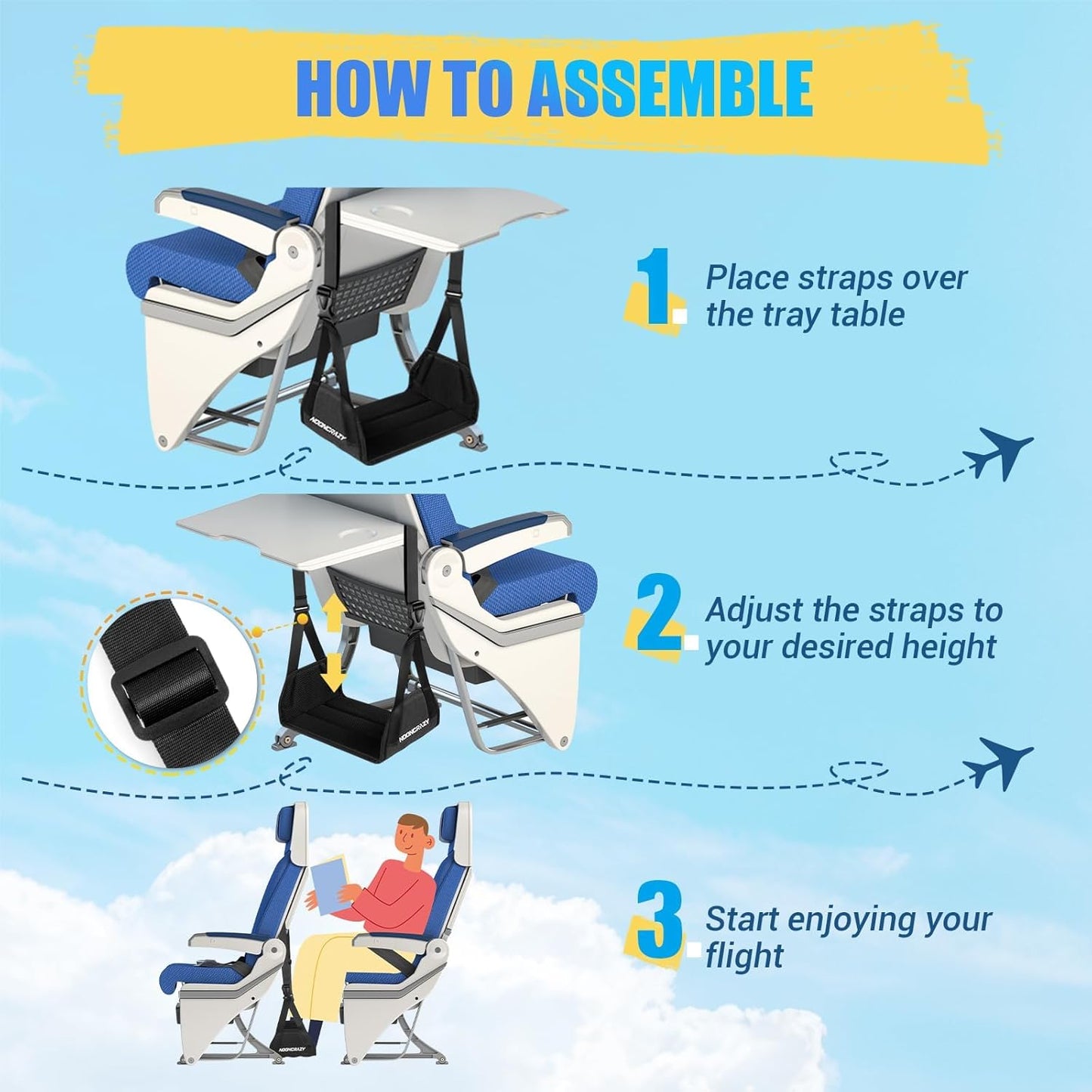 Skiennix Airplane Foot Hammock - No Collapse Foot Rest for Travel | Adjustable Strap & Foam Comfort (Black, 2PC)