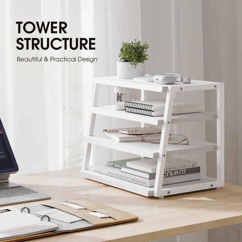 Fenge Desk Shelf Organizer, 4 Tier Desktop Shelf, Wood and Metal Office Shelves, Corner File Organizer for Office Supplies, Top of Desk Organizers and Accessories