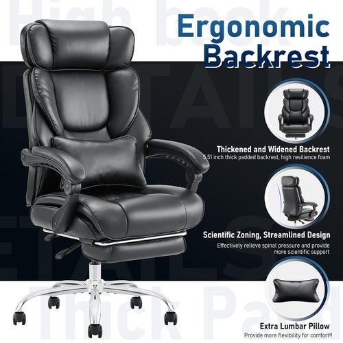 Office Chair with Footrest-Ergonomic Computer Chair with Extra Lumbar Support Pillow, High Back Executive Desk Chair Thick Bonded Leather, Large Home Office Work Chair with Wide Seat for Comfort-Black