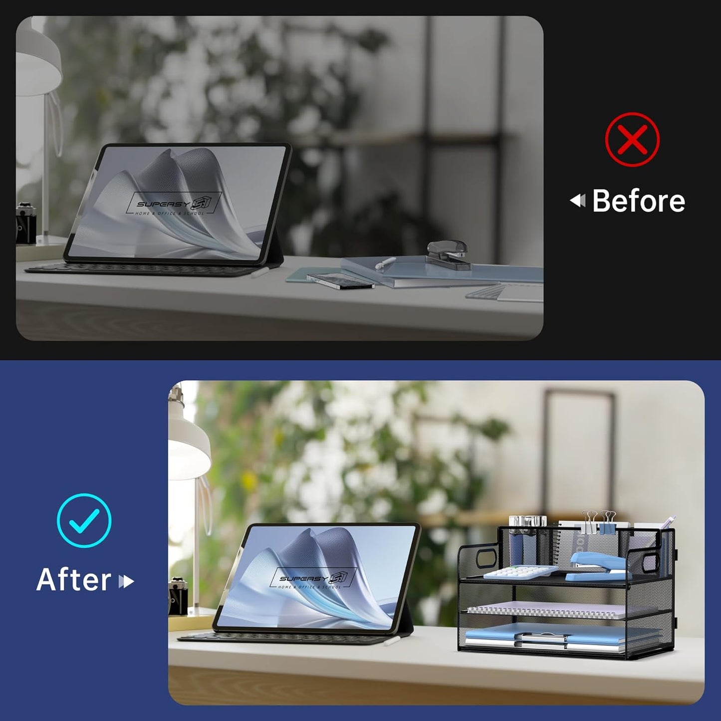 SUPEASY 3-Tier Desk Organizer - Mesh Paper/File Holder with Handle & 3 Pen Holders | Black
