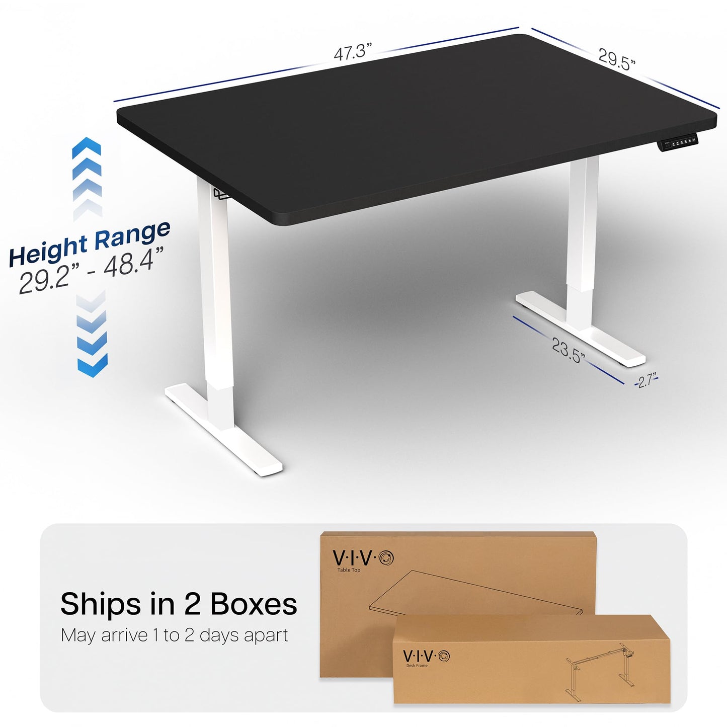 VIVO Electric 48 x 30 in Standing Desk, Memory Height Adjustment, 1B Series, Holds 220 lbs, One-Piece Black Top, White Frame, DESK-KIT-1W5B