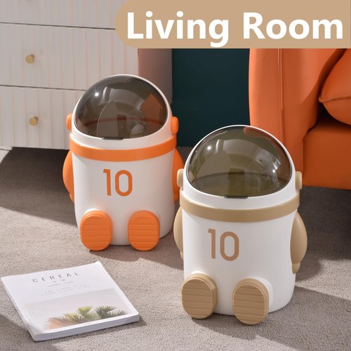URALFA Astronaut Trash Can, 12 Liter /3.2 Gallon Bathroom Trash Can with Lid, Cute Trash Bin for Kids, Plastic Garbage Can with Swing Lid, Spaceman Wastebasket for Bedroom, Dorm, Living Room, Khaki