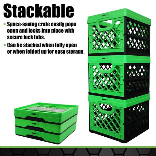 GRIP Folding Stackable Storage Bin, 6 Gallon - Dimensions: 13" x 13" x 11" - Milk Crate - Capacity: 50 lbs - Heavy Duty, Plastic Collapsible Crate for Sporting Goods, Toys, Pool Toys, Decor, Files