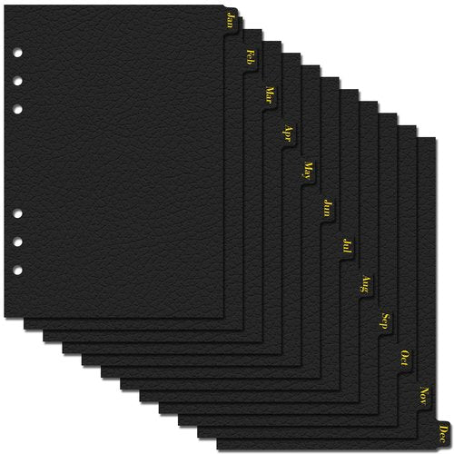 Koqye Leather Textured A5 6-Ring Binder Dividers with 12 Monthly Tabs, Black Paper Index Page Separators for Planner/Organizer (1 Set - 12 Monthly Tabs)