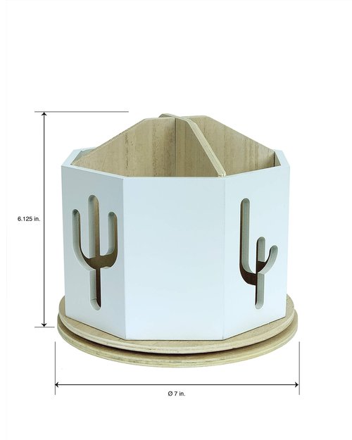 Spinning Desktop Stationary Organizer – Decorative Wooden Rotating Pen and Pencil Cup – Desk and Table Top Office Supplies Station - by Designstyles (White with Cactus Cutout)