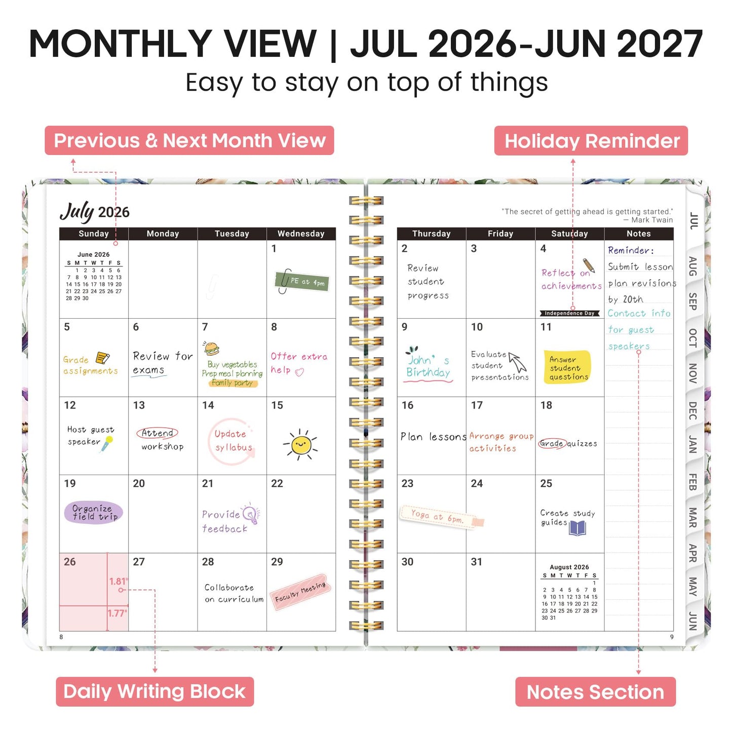 Academic Planner 2026-2027, Weekly and Monthly Calendar Book, July 2026 – June 2027, Hardcover Planner with Tabs, Perfect for Teachers, Students, Women & Men, A4 (8.5" x 11") - Songbird Bloom