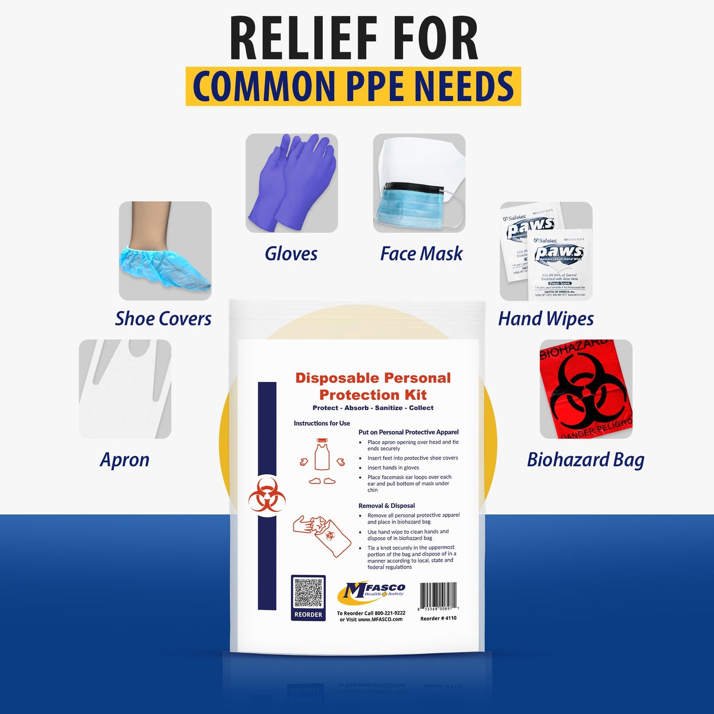 MFASCO Disposable PPE Kit with Apron & Visor - Complete Protection - Mask, Visor, Apron, Gloves, Shoe Covers - USA Assembled - Vomit, Blood, Urine & Feces Protection