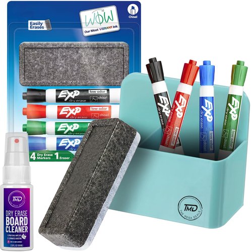 Dry Erase Markers Chisel Tip, 4 Whiteboard Markers, Magnetic Marker Holder, Dry Erase Eraser, Cleaner Spray – Low Odor Non Toxic Dry Erase Marker with Eraser, Classroom, Home, Office Supplies