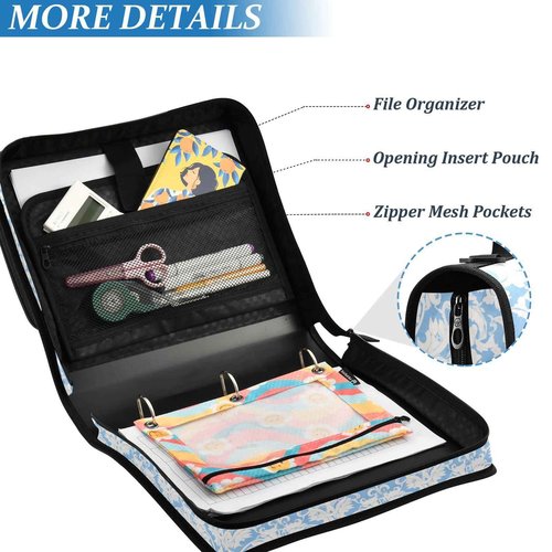 Blue Vintage Floral Zipper Binder 3 Ring Binder 1.5 Inch with Zippers Shoulder Strap & Handle Binders Organizer Bag