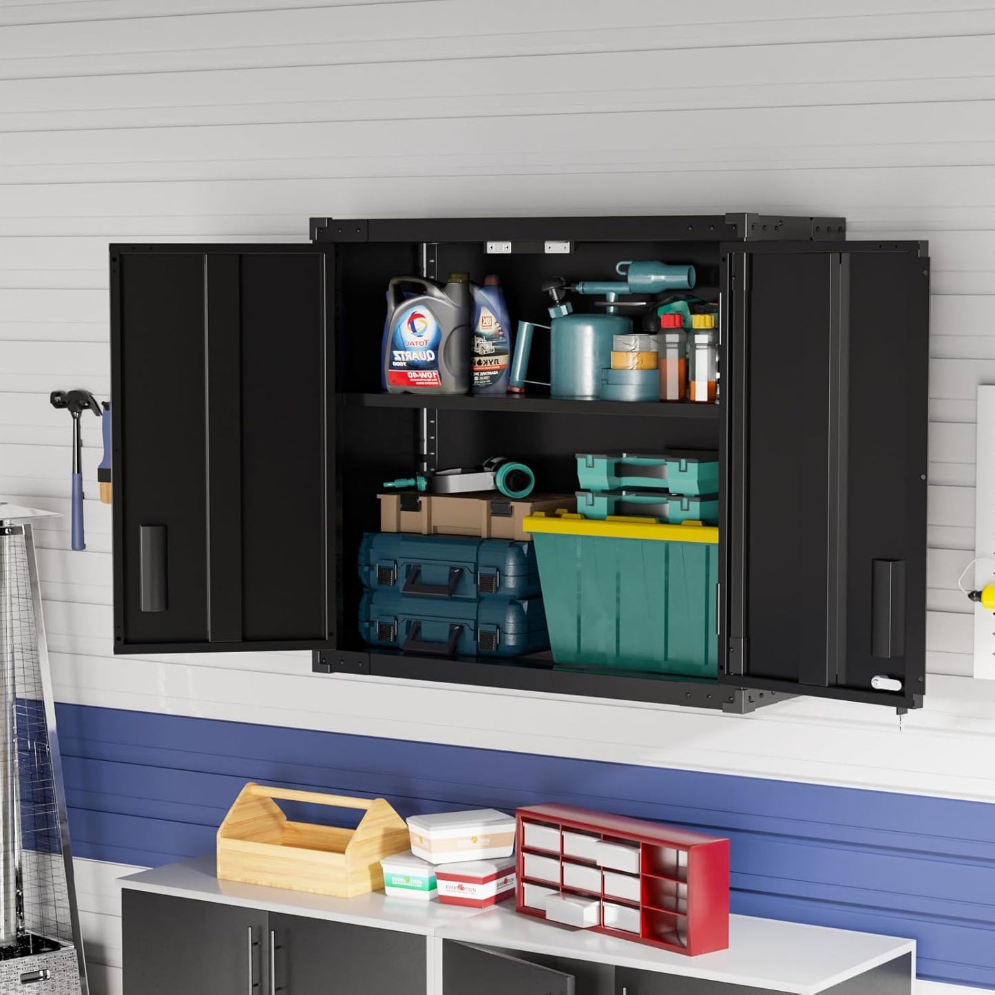 VINGLI Garage Wall Cabinet - Locking Doors & Adjustable Shelf | Metal Floating Storage (Black, 30''W x 12''D x 28''H)