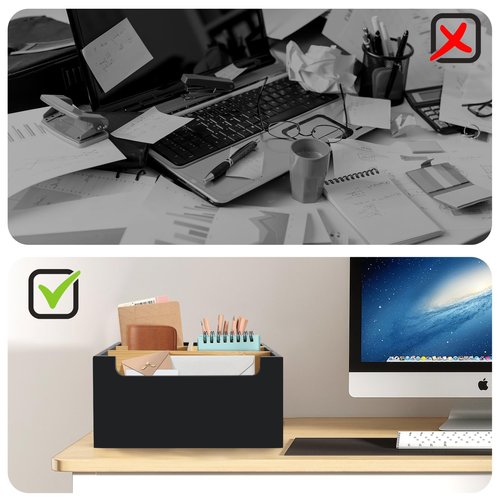 Desk Organizer Caddy with Adjustable Bamboo Dividers, Black Office Pen Holder for Desk, Small Mail Holder Bill Organizer with 5 Slots, Wood Workspace Organizer for Letter, Postcard, Remote Control