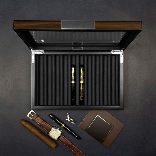 Lifomenz Co Wood Pen Box - 10 Slot Organizer With Glass Lid, Top Window Display Case for Collection Storage