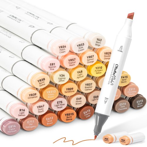 Ohuhu Alcohol Markers Skin Tones Double Tipped Skin Color Art Marker Set for Artists Adults Coloring - 36 Skin-Tone Colors for Portrait Illustration- Chisel & Fine - Oahu of Ohuhu Markers - Refillable