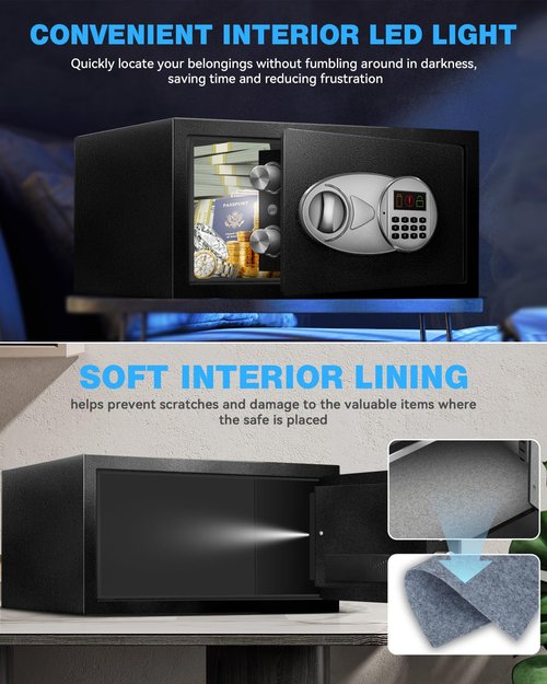 TOTOY 1.2 Cu Ft Small Safe Box For Home Documents with Emergency Battery Box - Steel Fireproof Security Safe Lock Box with Electronic Keypad, LED Sensor Light- Safety Box For Cash, Jewelry, Valuables