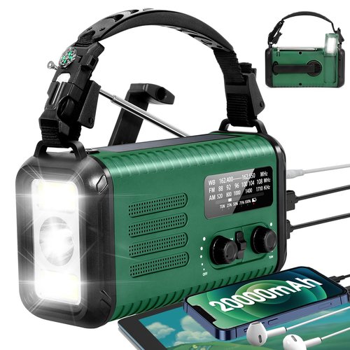 Emergency Weather Radio, 20000mAh/74000mWh Crank Radios, Solar Battery Powered Radio with AM/FM/NOAA, Portable Fast Phone Charger, Reading Lamp, SOS Alarm& Flashlight for Camping, Hiking (Green)