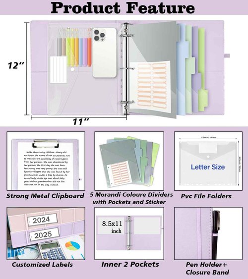Leather 3 Ring Binder, 2 Inch Binders with Clipboards, 5-Tabs Pockets Dividers, 18 Divider Stikers, Plastic Folder, Pen Holder, Three Ring Binder with Pen Holder(Purple, Letter Size)