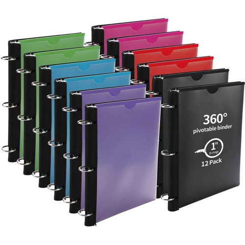 Tashkummy 360° Pivotable 3 Ring Binder, Upgraded Foldable Binders 1 inch 12 Pack, Thin Small Three Ring Binder Fits 8.5" x 11", for Home, School and Office- Black, Purple, Pink, Blue, Green, Red