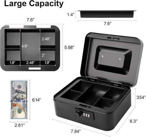 Jssmst Cash Box - Secure Money Tray with Combination Lock | Durable Medication Lock Box, 7.87'' x 6.3'' x 3.54''