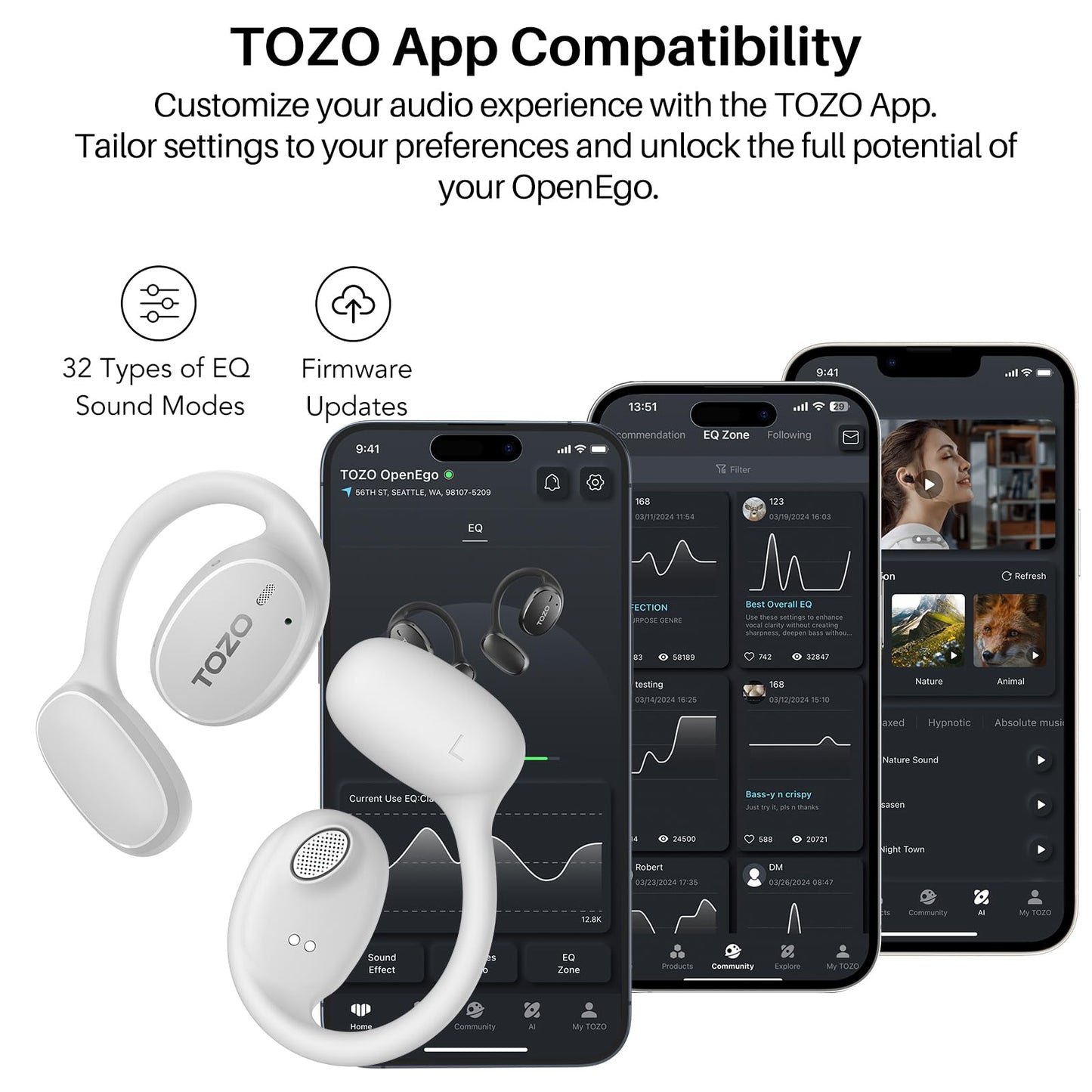 TOZO OpenEgo Open Ear Earbuds Bluetooth Headphones, 5.3 Bluetooth Sport Earbuds with Earhooks for 80Hrs Playtime,32 EQ Modes, Digital Display, Clear Calls, Comfortable Wear for Running, Work