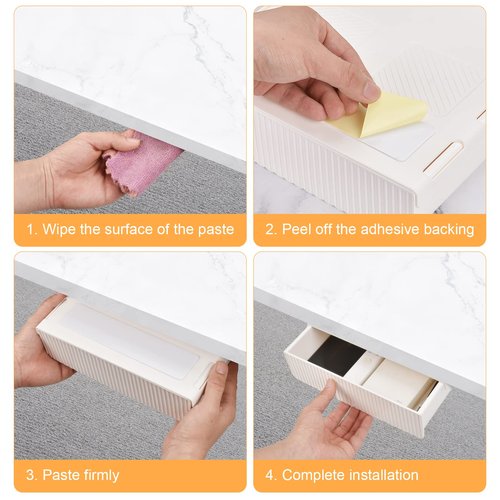 YOOUSOO 2 Pack Under Desk Drawer Storage, Under Desk Organizer, Hidden Self-Adhesive Desks Drawers Slide-out, Stick on Desks Drawer White, Under Mount Drawers for Office/Classroom/Home