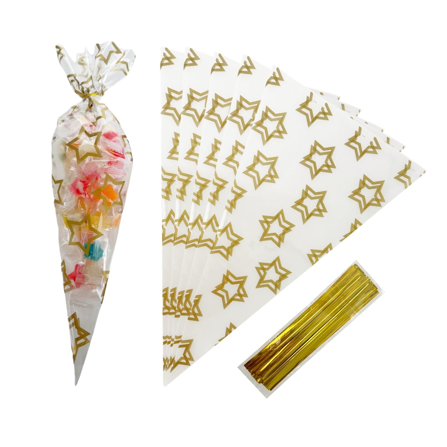 PABCK 50Pcs Cone Shaped Cellophane Treat Bags 6.69x11.8 inch Party Favor Gift Wrap Cellophane Bag Clear Plastic Bags for Candy Cookies Popcorn Snack Packaging Food Storage Bag Triangle with 50 Gold Twist Ties