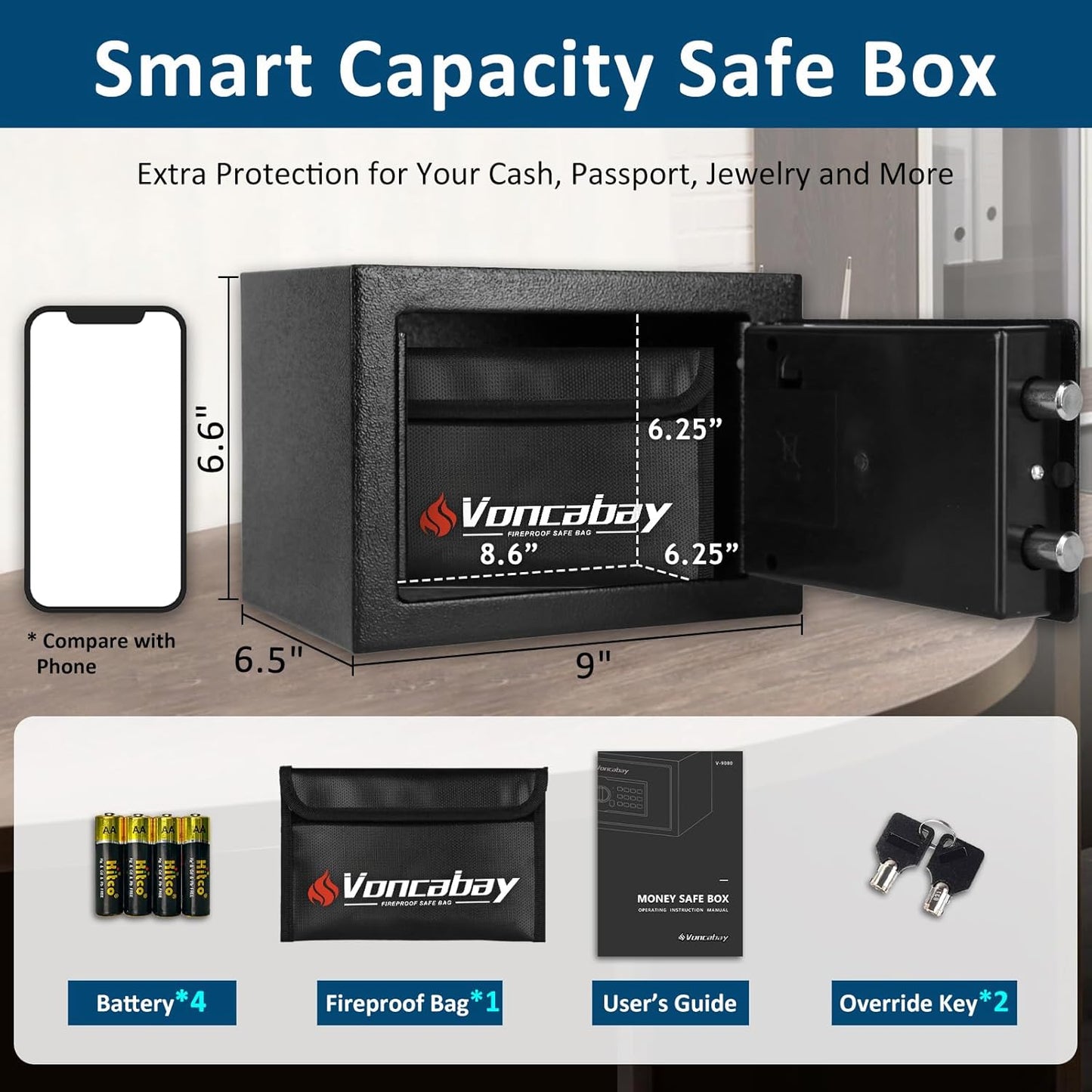 Voncabay Money Safe Box - Fireproof Security Safe with Sensor Light & Digital Keypad | 0.23 Cu Ft, Black