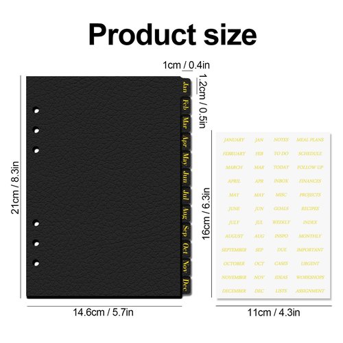 Koqye Leather Textured A5 6-Ring Binder Dividers with 12 Monthly Tabs, Black Paper Index Page Separators for Planner/Organizer (1 Set - 12 Monthly Tabs)