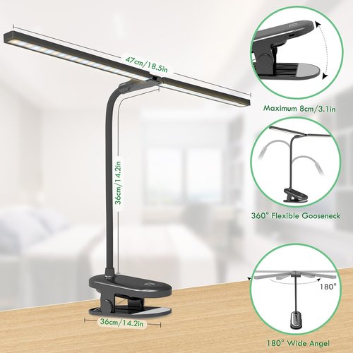 Deaunbr LED Reading Light - Clip-On Desk Lamp with 48 LEDs, USB Rechargeable, Adjustable Brightness - Black