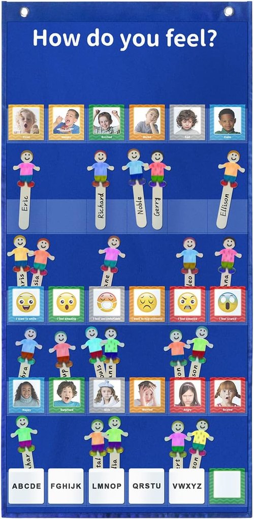 Boczif Emotions Feelings Pocket Chart - 24 Cards for Classroom & Calm Down Corner | Blue