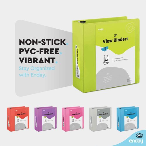 3 Slant D-Ring Binder 3 Inch, 3 in Clear View Cover with 2 Inside Pockets Binder, Heavy Duty Colored School Supplies Binders in Red, Green, Grey, Purple, Blue, Pink, Multicolor (6 PC) – by Enday