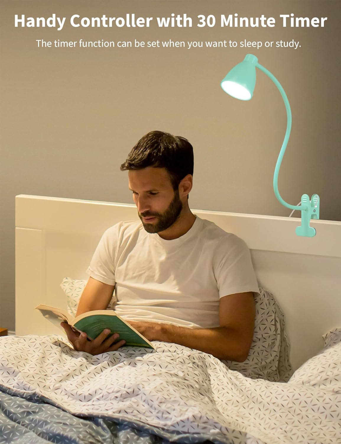 BOHON Desk Lamp - 10W LED Clip-On Light with 5 Colors & 10 Brightness Levels | Flexible Gooseneck, Teal