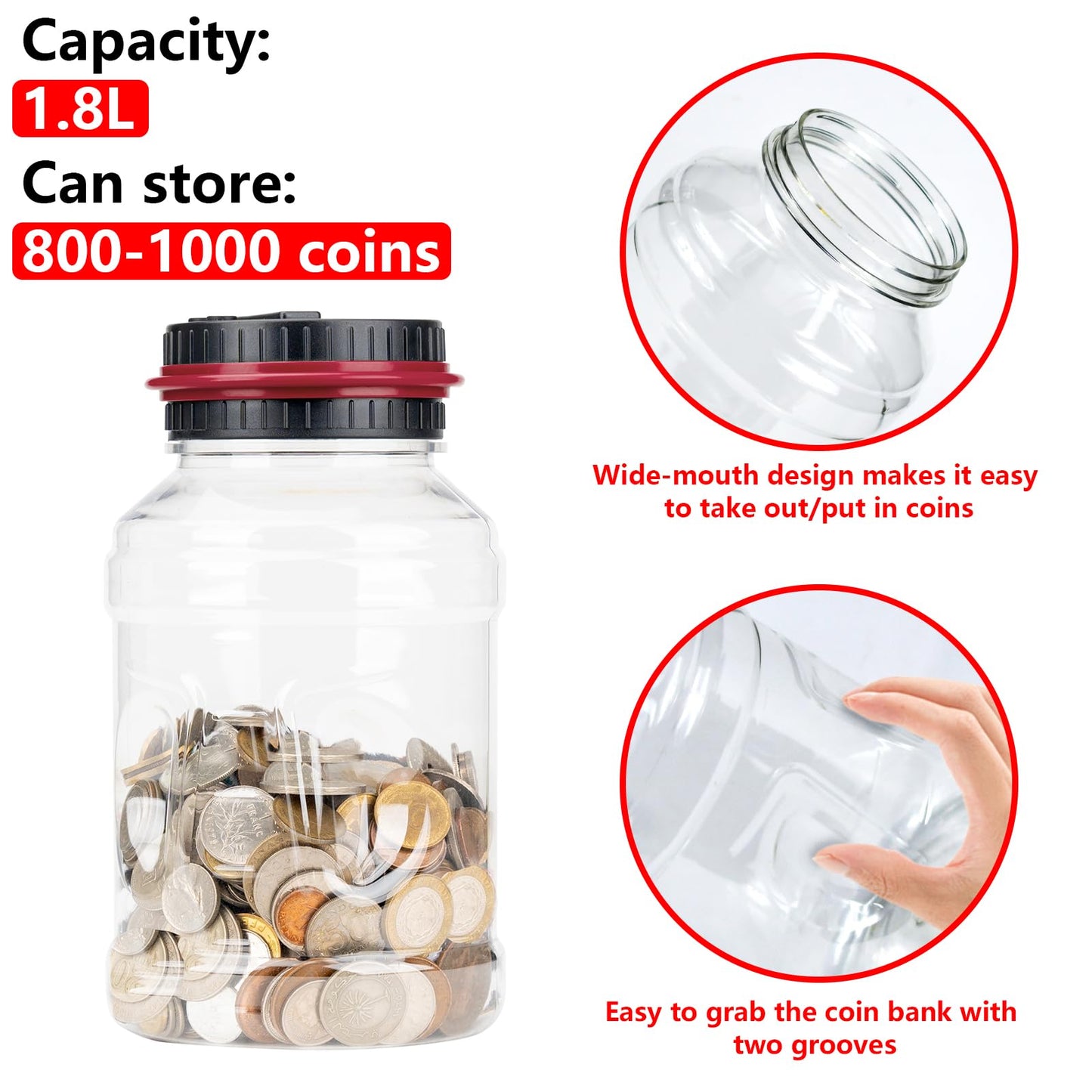 Totola Digital Counting Piggy Banks for Adults, 1.8L Capacity Coin Bank with LCD Counter Display, Transparent Money Coin Jar for Money Saving, Holds All US Coins, Ideal Gift for Boys Girls (Red)