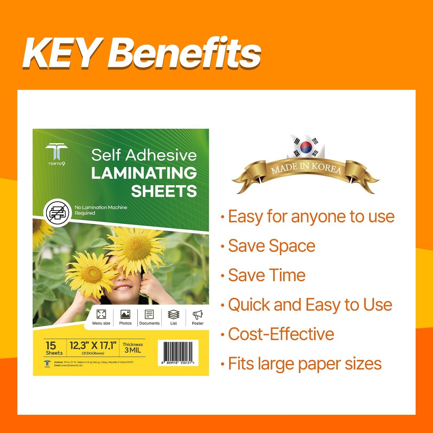 T TORTO9 Peel & Stick Laminating Sheets - 15 Clear Adhesive Sheets, 3mil Thickness, No Heat Required