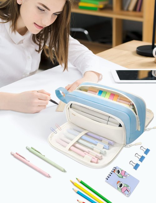 SUNEE Large Pencil Case, Big Capacity Pen Pouch with 3 Compartments, Kawaii Cute Pencil Bag with Zipper, High Storage Stationery Holder and Organizer, School Supplies for Teen and Adult Girls, Blue