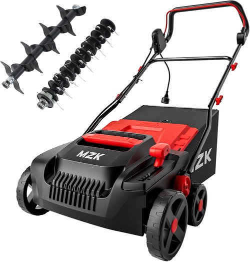 MZK 15-Inch Electric Dethatcher & Scarifier - 2-in-1 Lawn Care Tool with 5-Position Height Adjustment & 12-Gallon Bag (Red)