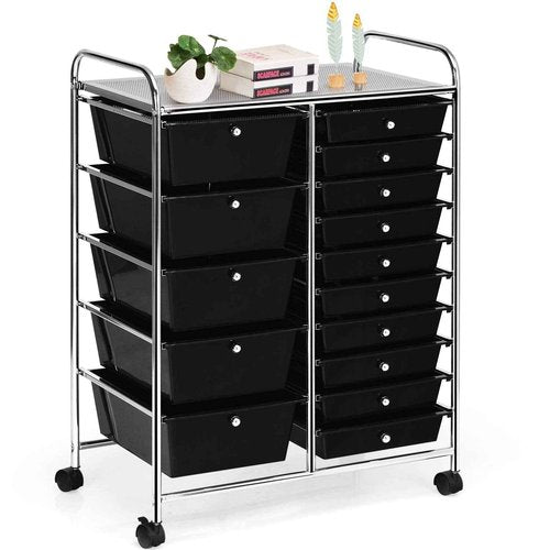 MEDIMALL 15 Drawers Rolling Storage Cart, Multipurpose Craft Storage Cart with Wheels, Mobile Tools Scrapbook Paper Organizer Cart for School Home Office Use (Black)