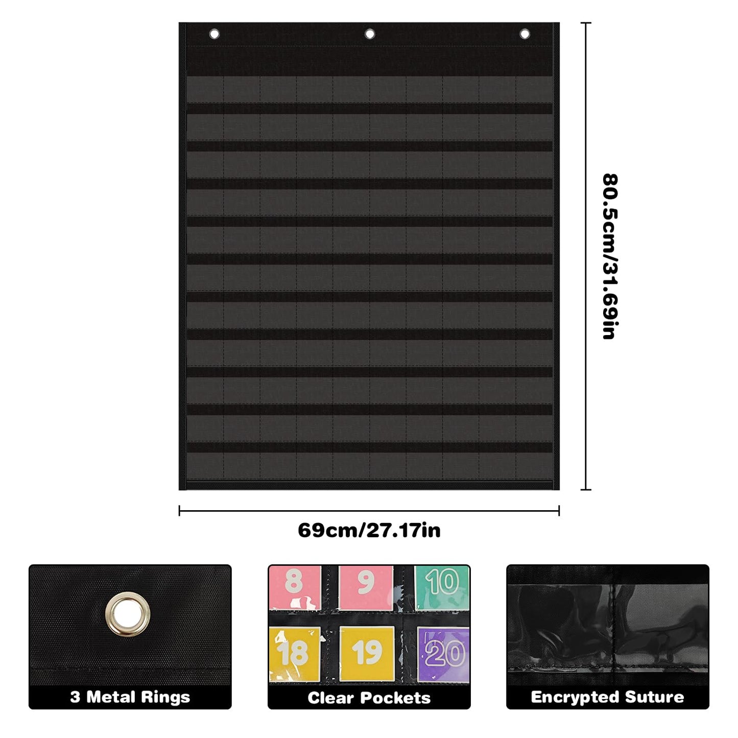 Hundreds Pocket Chart with 139 Cards, Includes Numbers Cards 1-100, 9 Math Symbol Cards & 30 Blank Cards | Classroom Math Wall Organizer for Counting, Place Value, Homeschool Activities(Black)